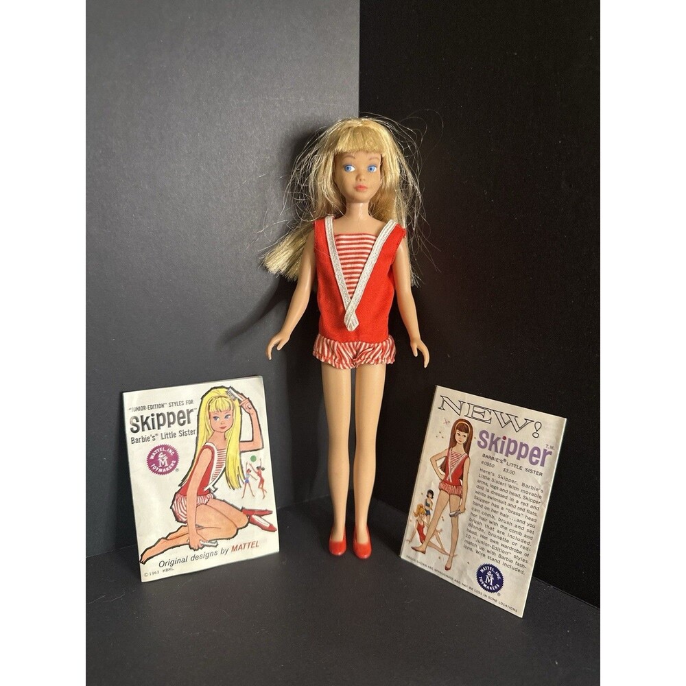 Vintage‎ 1964 Skipper Doll #950-Original Swimsuit, Shoes, & Booklet-Japan Marked